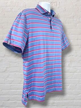 RLX Ralph Lauren Golf Polo Large Blue Pink Stripe Performance Stretch Shirt